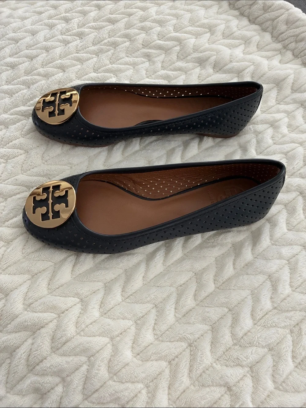 Tory Burch Black Perforated Logo Ballet Flats with Gold Emblem
